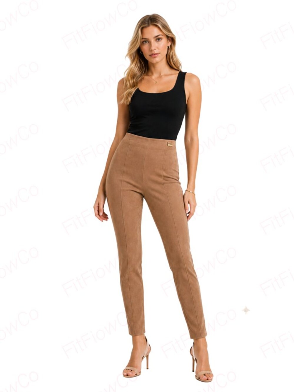 HALSTON Faux Suede Pull-On Pants Camel Slim Tapered Women M NWT